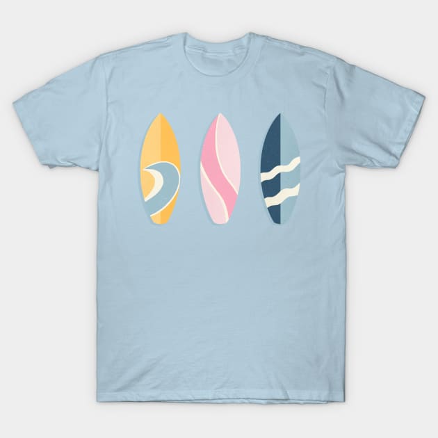 Retro surfboards lineup - pink, blue and yellow T-Shirt by Home Cyn Home 